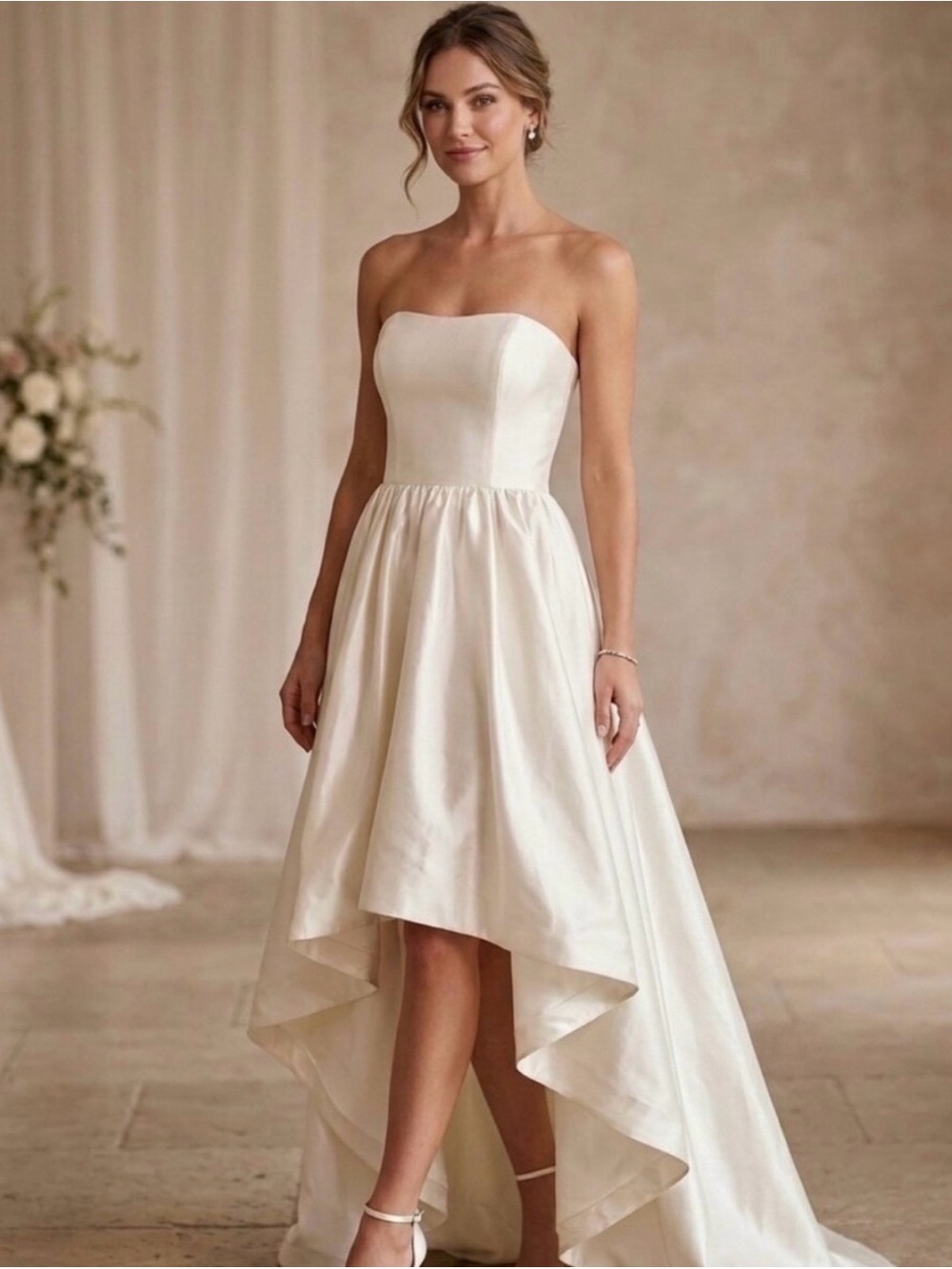 Strapless Cream High-Low Satin Dress